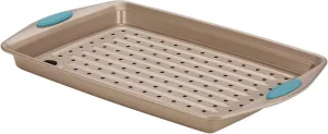 Rachael Ray Cucina Nonstick Bakeware Set with Grips, Nonstick Cookie Sheet / Baking Sheet and Crisper Pan - 2 Piece, Latte Brown with Agave Blue Handle Grips