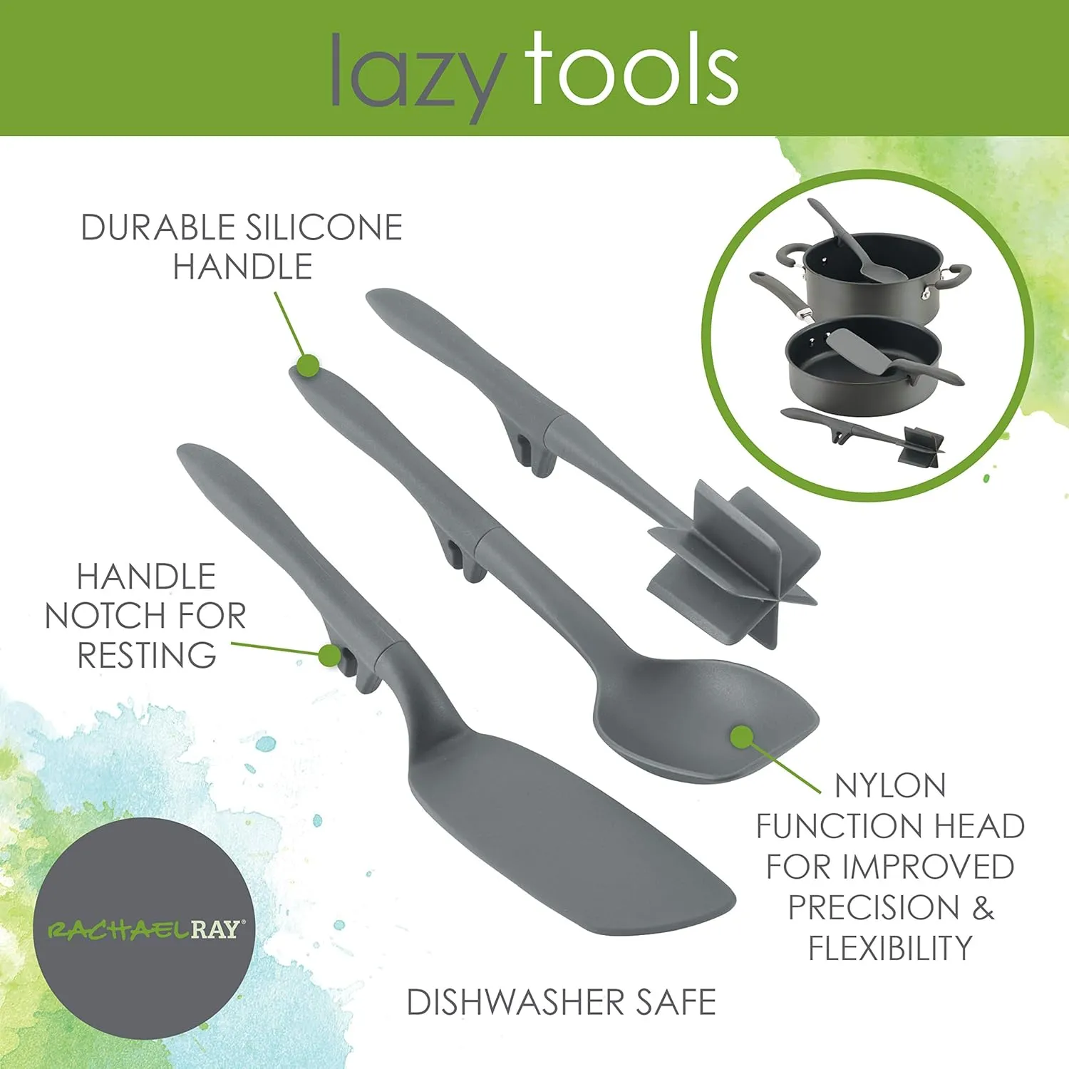 Rachael Ray Tools and Gadgets Lazy Crush & Chop, Flexi Turner, and Scraping Spoon Set / Cooking Utensils - 3 Piece, Gray
