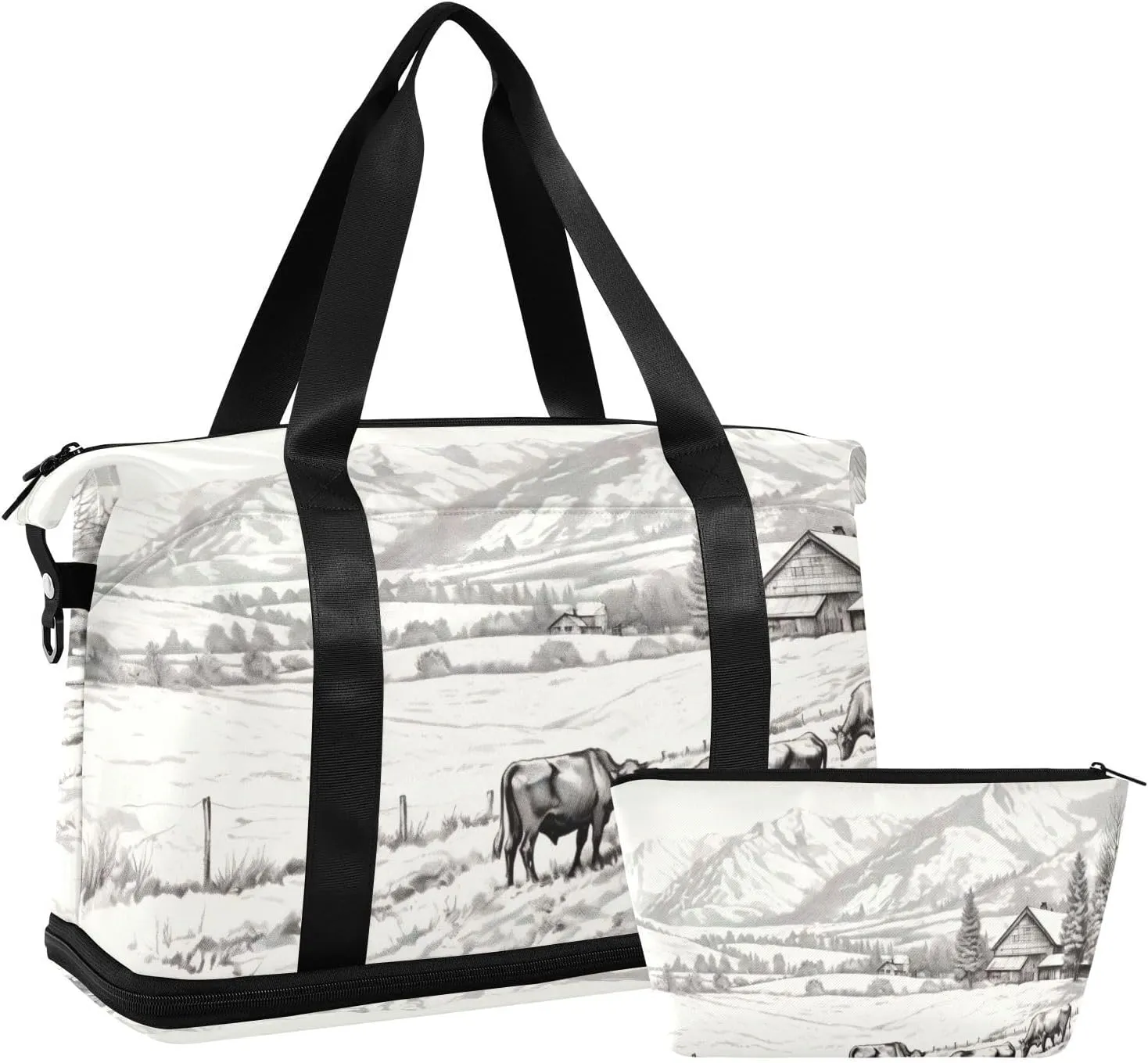 Ranch Drawing Sports Gym Bag with Waterproof Dry Wet Pocket, Travel Duffel Bag for Women Men，Workout Bag Fits Yoga, Swimming