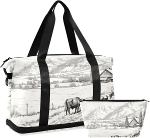 Ranch Drawing Sports Gym Bag with Waterproof Dry Wet Pocket, Travel Duffel Bag for Women Men，Workout Bag Fits Yoga, Swimming