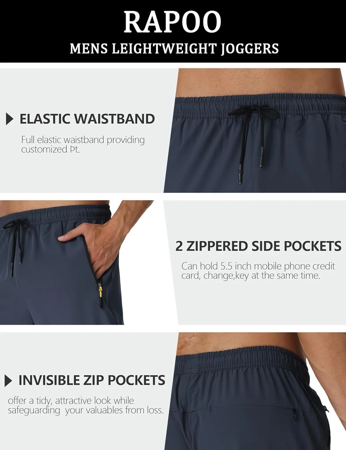 Rapoo Mens Lightweight Hiking Pants Quick Dry Stretch Joggers for Running Workout Casual