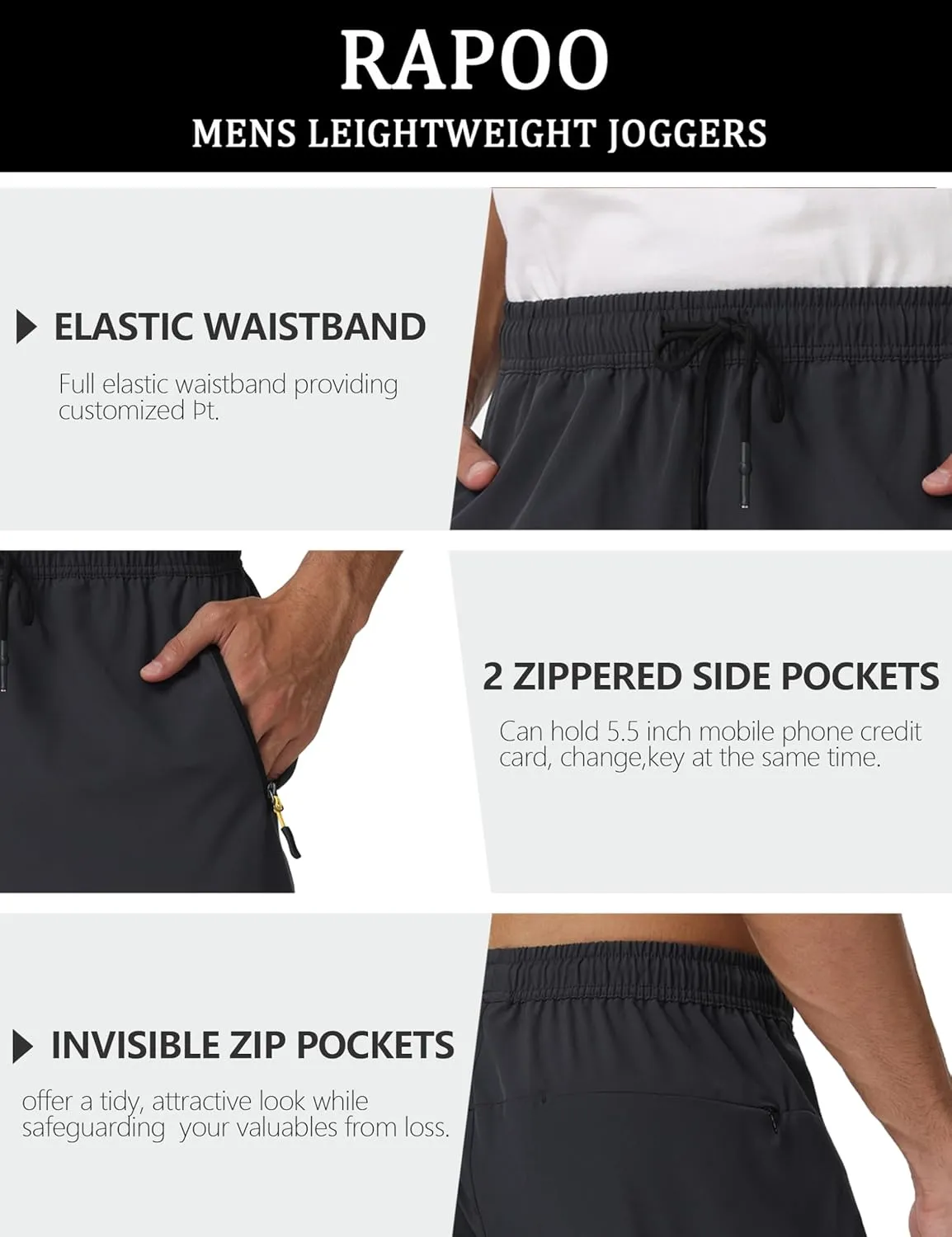 Rapoo Mens Lightweight Hiking Pants Quick Dry Stretch Joggers for Running Workout Casual