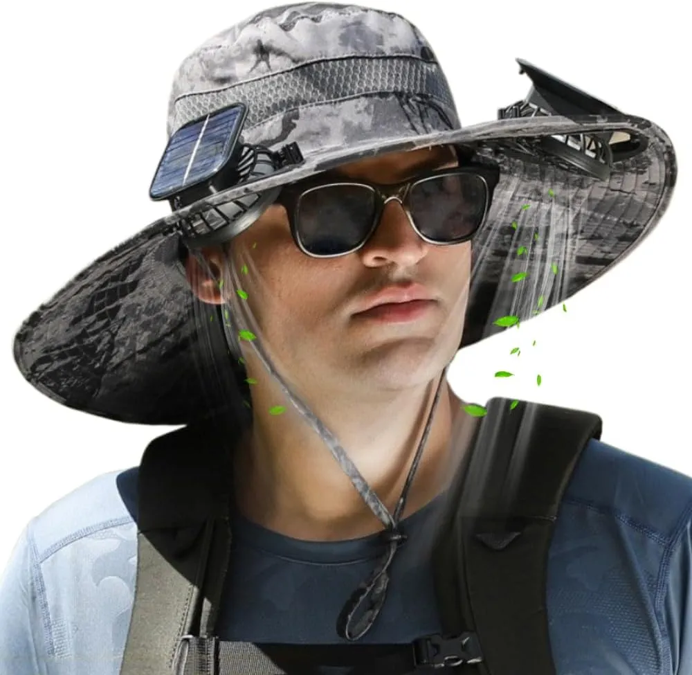 RAPTURA Outdoor Wide Brim Solar Fan Hat with 2 Solar Fan, Solar Fan Hats for Men Women, Solar & USB Charging UPF 50 