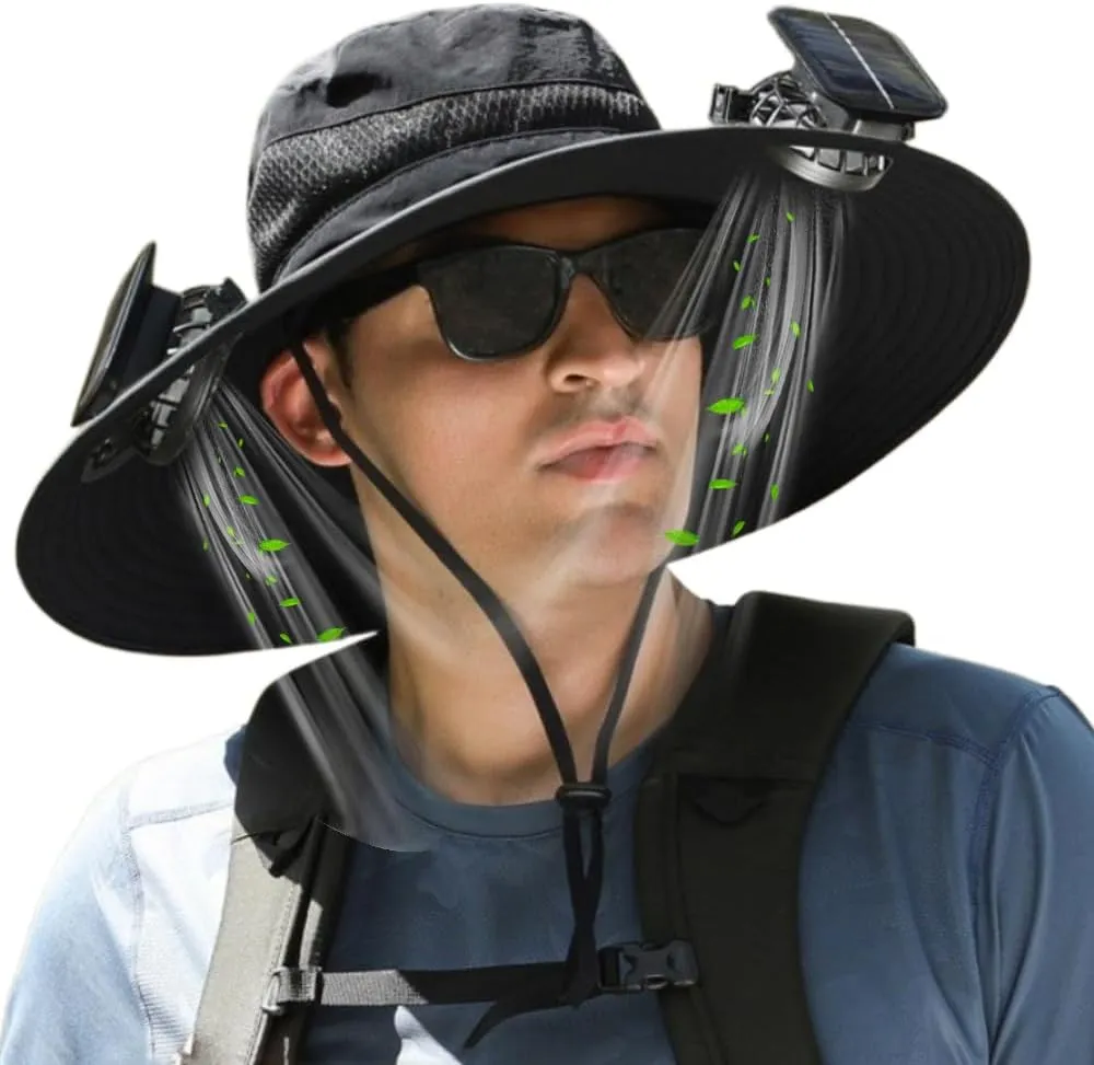 RAPTURA Outdoor Wide Brim Solar Fan Hat with 2 Solar Fan, Solar Fan Hats for Men Women, Solar & USB Charging UPF 50 