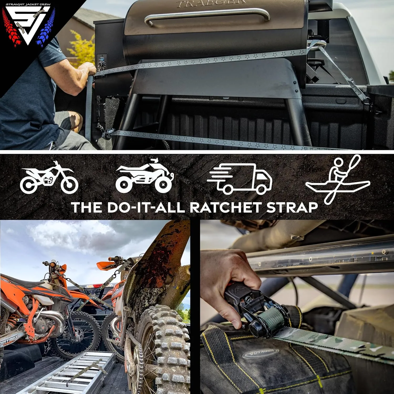 Ratchet Tie Down Straps (4 Pack) - 1,823lb Max Break Strength incl. (4) Heavy Duty 1" x 15' Rachet Tie Downs with Hooks & Handles Best for Moving Securing Cargo by Straight Jacket Crew (Black)