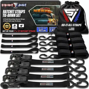 Ratchet Tie Down Straps (4 Pack) - 1,823lb Max Break Strength incl. (4) Heavy Duty 1" x 15' Rachet Tie Downs with Hooks & Handles Best for Moving Securing Cargo by Straight Jacket Crew (Black)