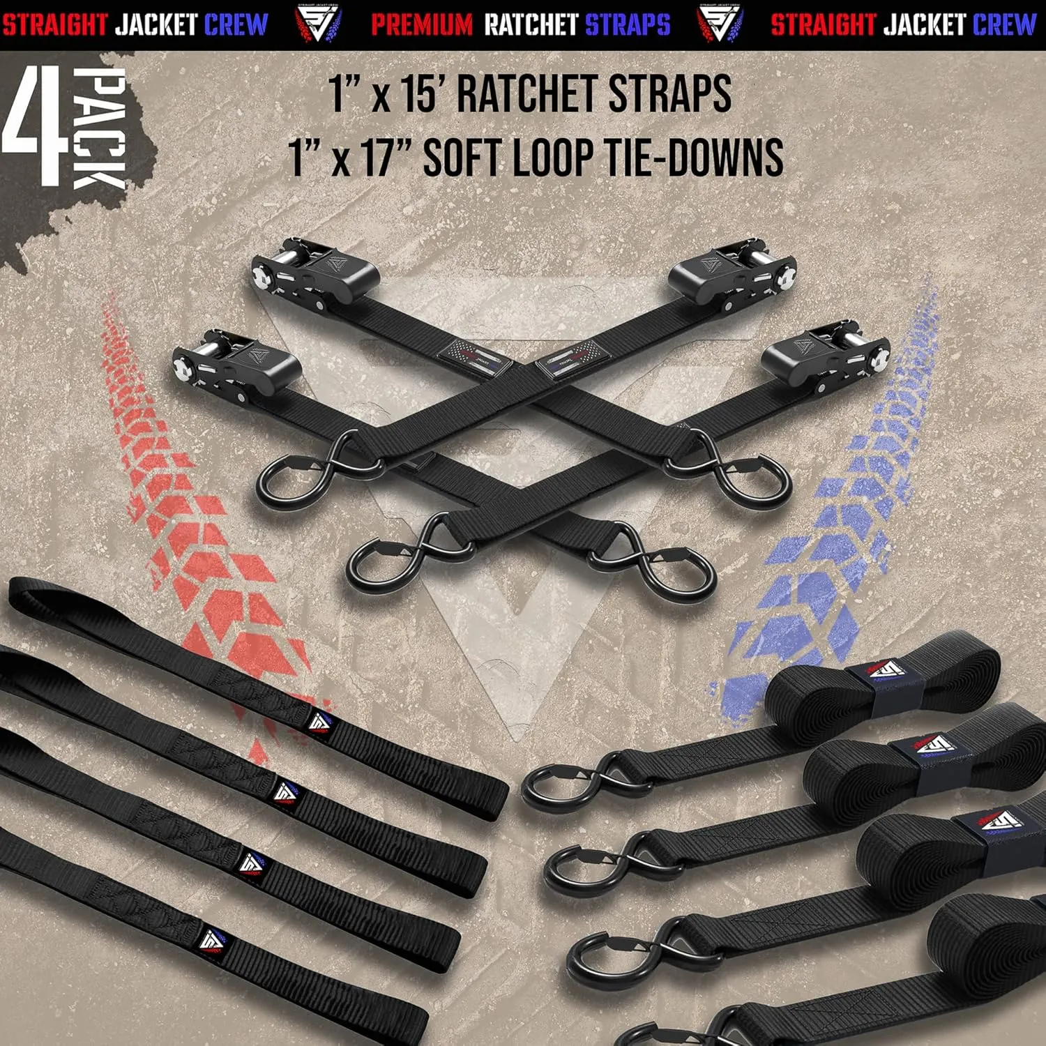 Ratchet Tie Down Straps (4 Pack) - 1,823lb Max Break Strength incl. (4) Heavy Duty 1" x 15' Rachet Tie Downs with Hooks & Handles Best for Moving Securing Cargo by Straight Jacket Crew (Black)