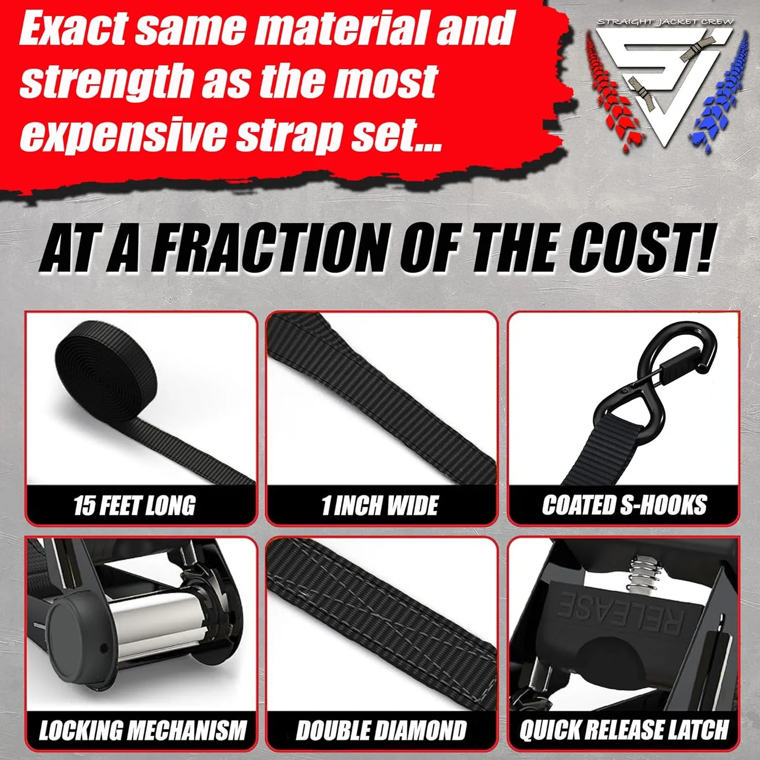 Ratchet Tie Down Straps (4 Pack) - 1,823lb Max Break Strength incl. (4) Heavy Duty 1" x 15' Rachet Tie Downs with Hooks & Handles Best for Moving Securing Cargo by Straight Jacket Crew (Black)