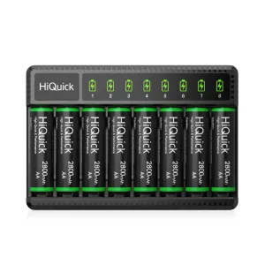 Rechargeable AA Batteries with Charger, HiQuick 2800mAh High Capacity Double A Batteries 8 Counts with 8 Bay AA AAA Smart Battery Charger for Ni-MH Ni-CD, Fast Charging