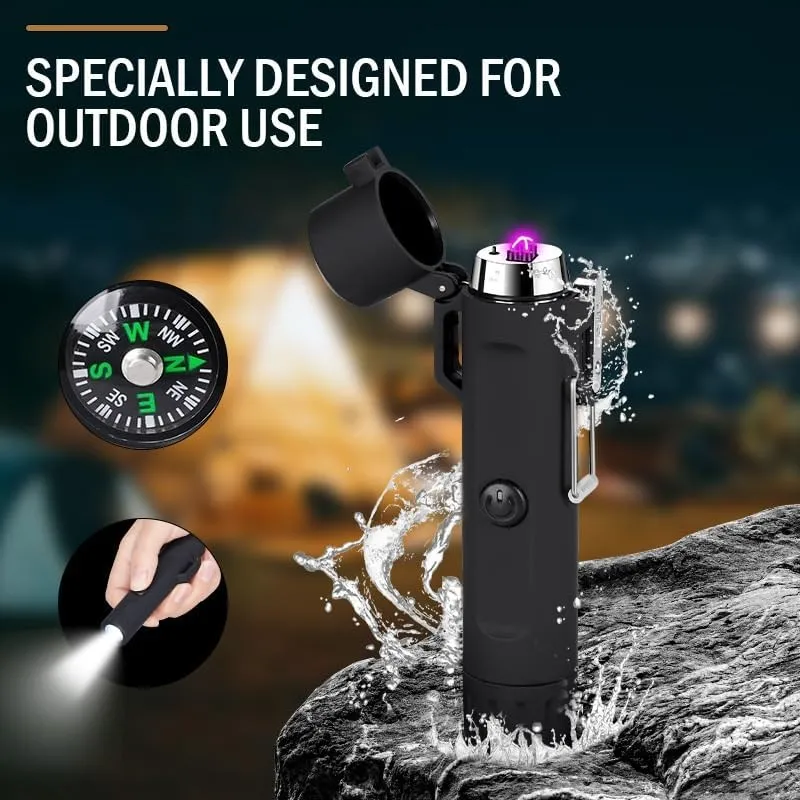 Rechargeable USB Lighter Plasma Dual Arc Lighter, Electronic Lighter Flameless Windproof Waterproof Lighter with Flashlight Compass 2 in 1 Lighter with Lanyard for Outdoor Camping Survival Tactical Eq