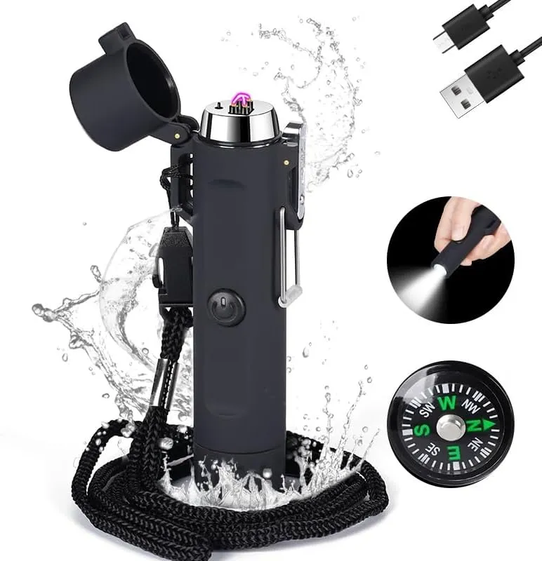Rechargeable USB Lighter Plasma Dual Arc Lighter, Electronic Lighter Flameless Windproof Waterproof Lighter with Flashlight Compass 2 in 1 Lighter with Lanyard for Outdoor Camping Survival Tactical Eq