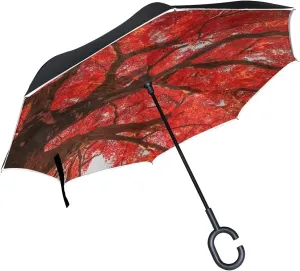 Red Chinese Tree Reverse Inverted Inside Out Umbrella Cars Unigue Windproof UV Proof Double Layer for Women