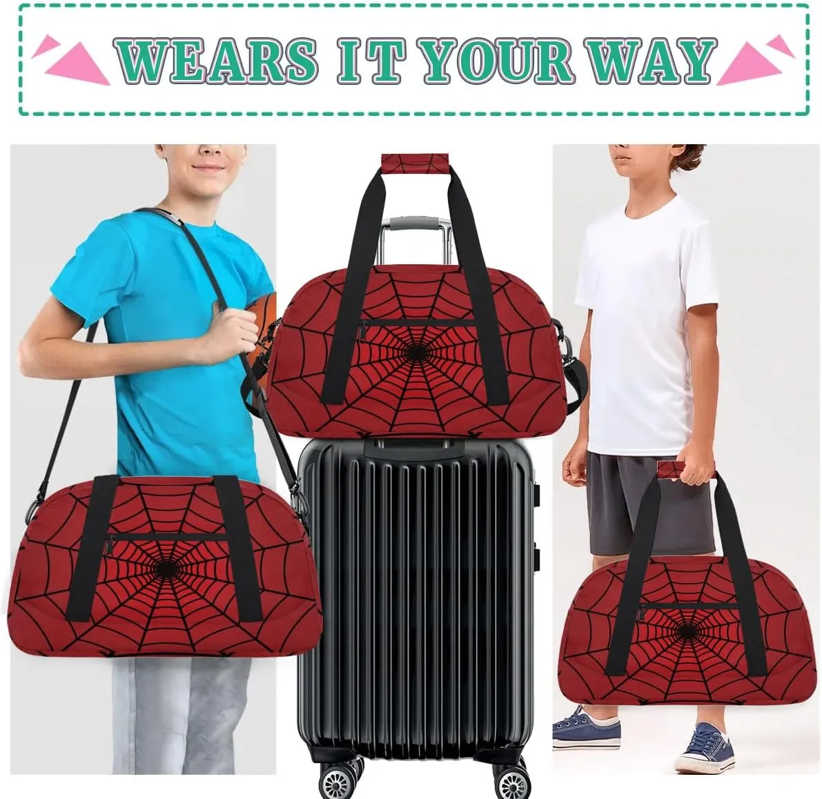 Red Spider Web Kids Overnighter Duffel Bags for Boys Girls, Carry-On Size Sports Gym Bag for School Practice or Overnight Travel Weekender Sleepover Tote Bag