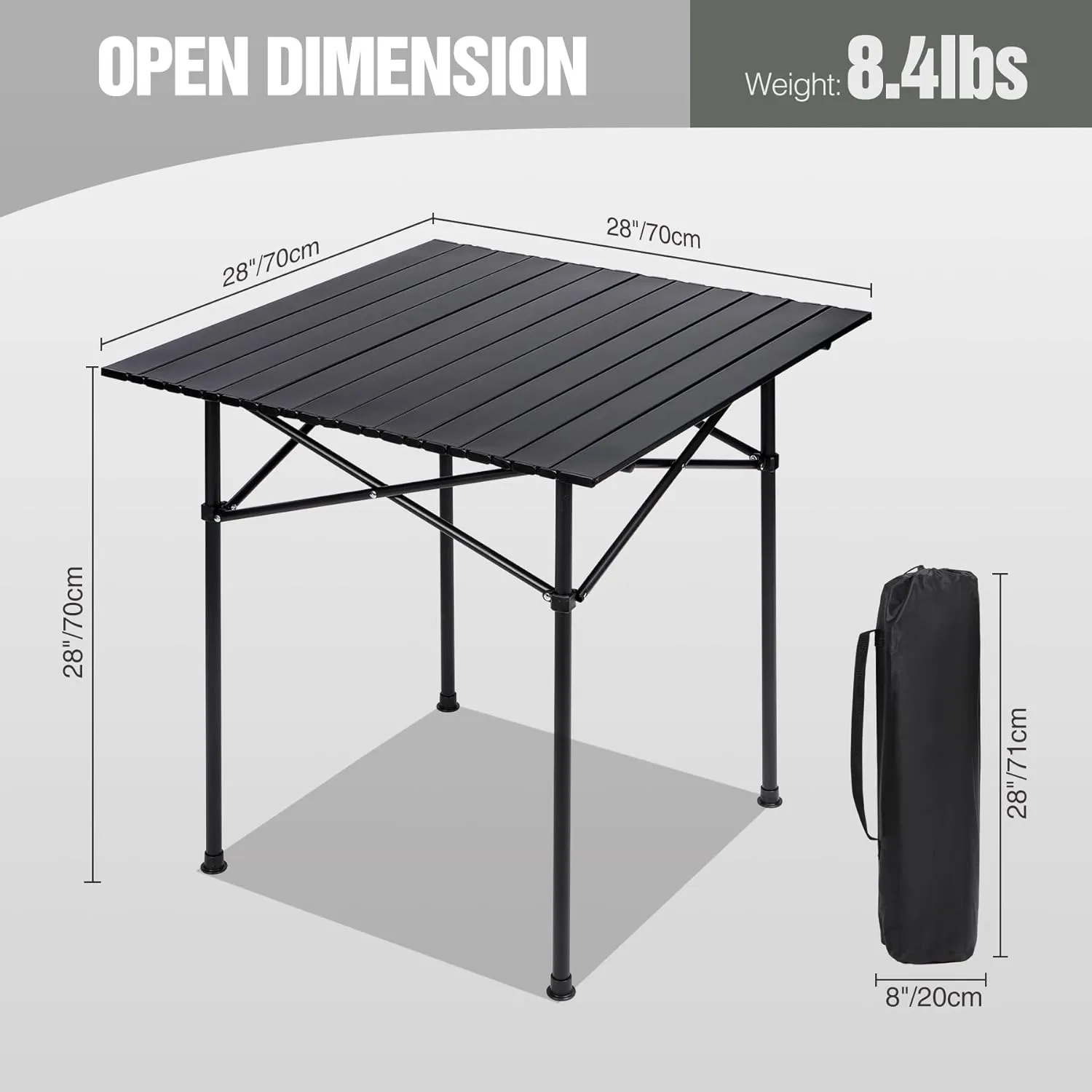 REDCAMP Roll Up Camping Tables That Fold Up, Lightweight Portable Compact Metal Camp Table for Grill Outdoor Picnic, Black Square 28x28 inches