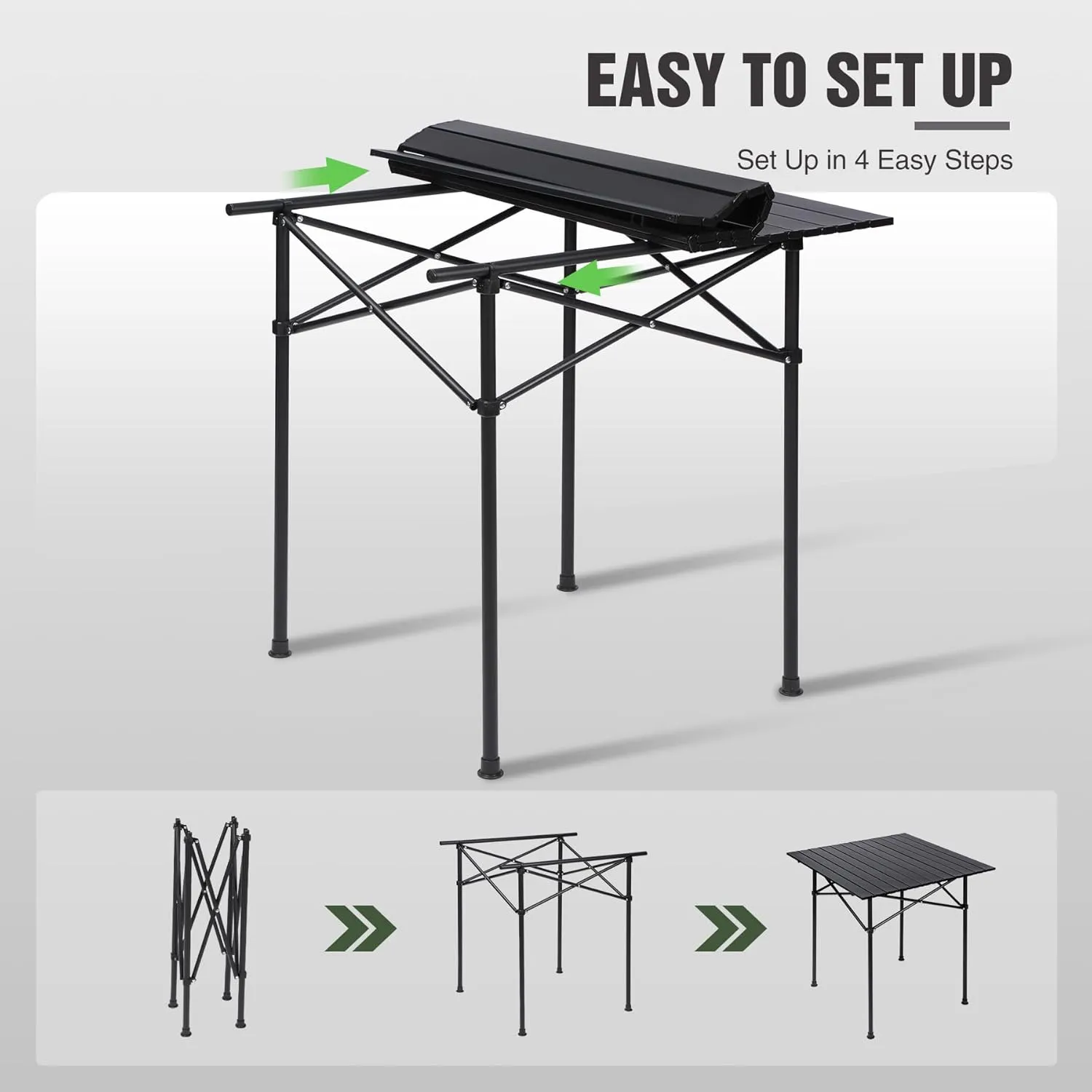 REDCAMP Roll Up Camping Tables That Fold Up, Lightweight Portable Compact Metal Camp Table for Grill Outdoor Picnic, Black Square 28x28 inches