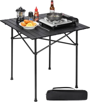 REDCAMP Roll Up Camping Tables That Fold Up, Lightweight Portable Compact Metal Camp Table for Grill Outdoor Picnic, Black Square 28x28 inches