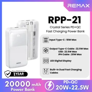 REMAX RPP-21 Crystal Series 20000mAh PD QC Fast Charging Power Bank(PD 20W QC 22.5W) - White