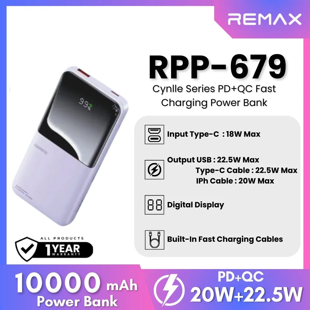 REMAX RPP-679 Cynlle Series 10000mAh PD QC Fats Charging Power Bank(PD 20W QC 22.5W) - Purple