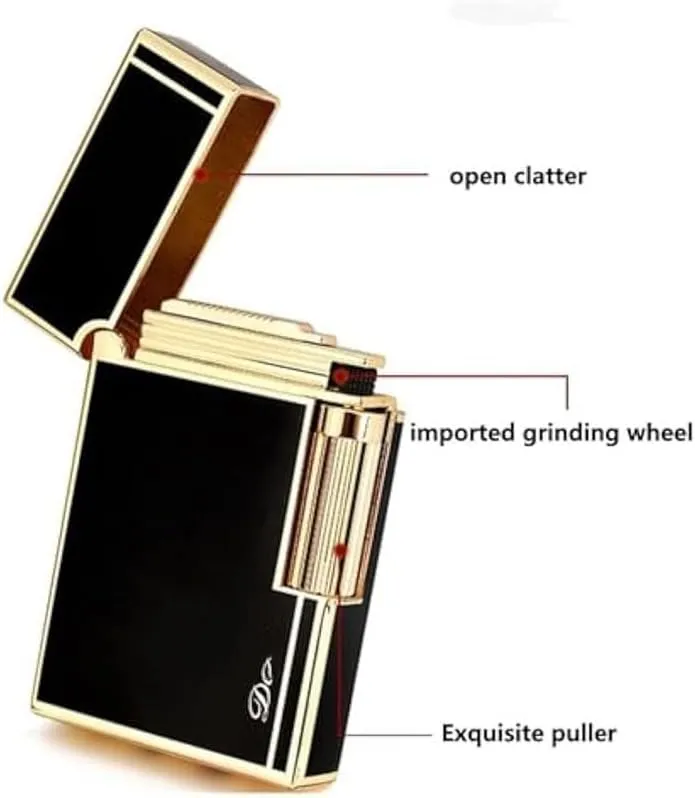 Retro Butane Lighter, Classic Grinding Wheel Side-Slide Ignition, Adjustable Soft Flame, Refillable, Suitable for Cigarettes, Cigars, Candles, Black Gold