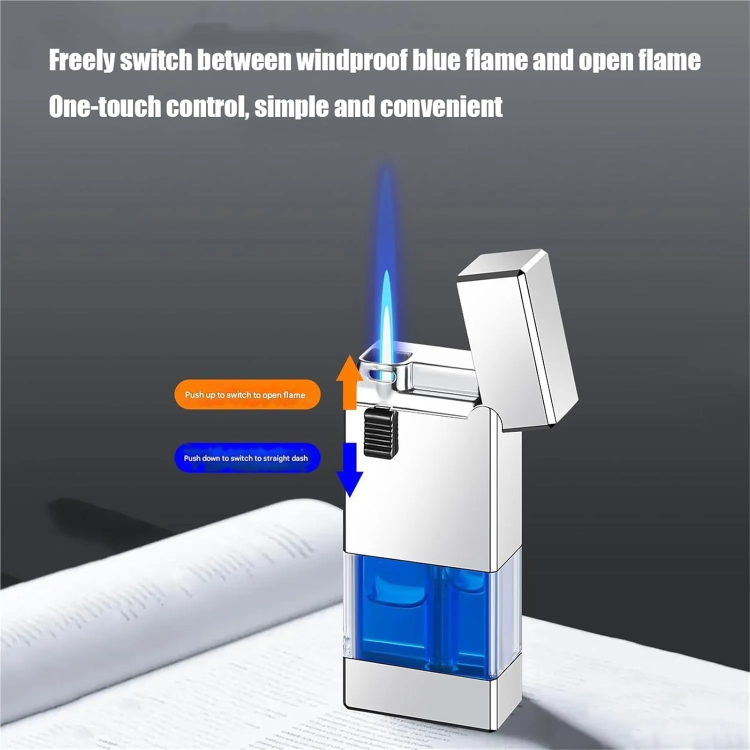 Retro Dual Flame Lighter, one Button Dual Flame Switch with Fuel Viewing Window, Side Slide Ignition, Windproof Lighter, Rechargeable Lighter, Suitable for Outdoor, Barbecue, Camping(B)