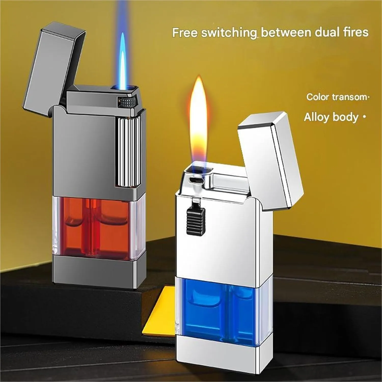 Retro Dual Flame Lighter, one Button Dual Flame Switch with Fuel Viewing Window, Side Slide Ignition, Windproof Lighter, Rechargeable Lighter, Suitable for Outdoor, Barbecue, Camping(B)