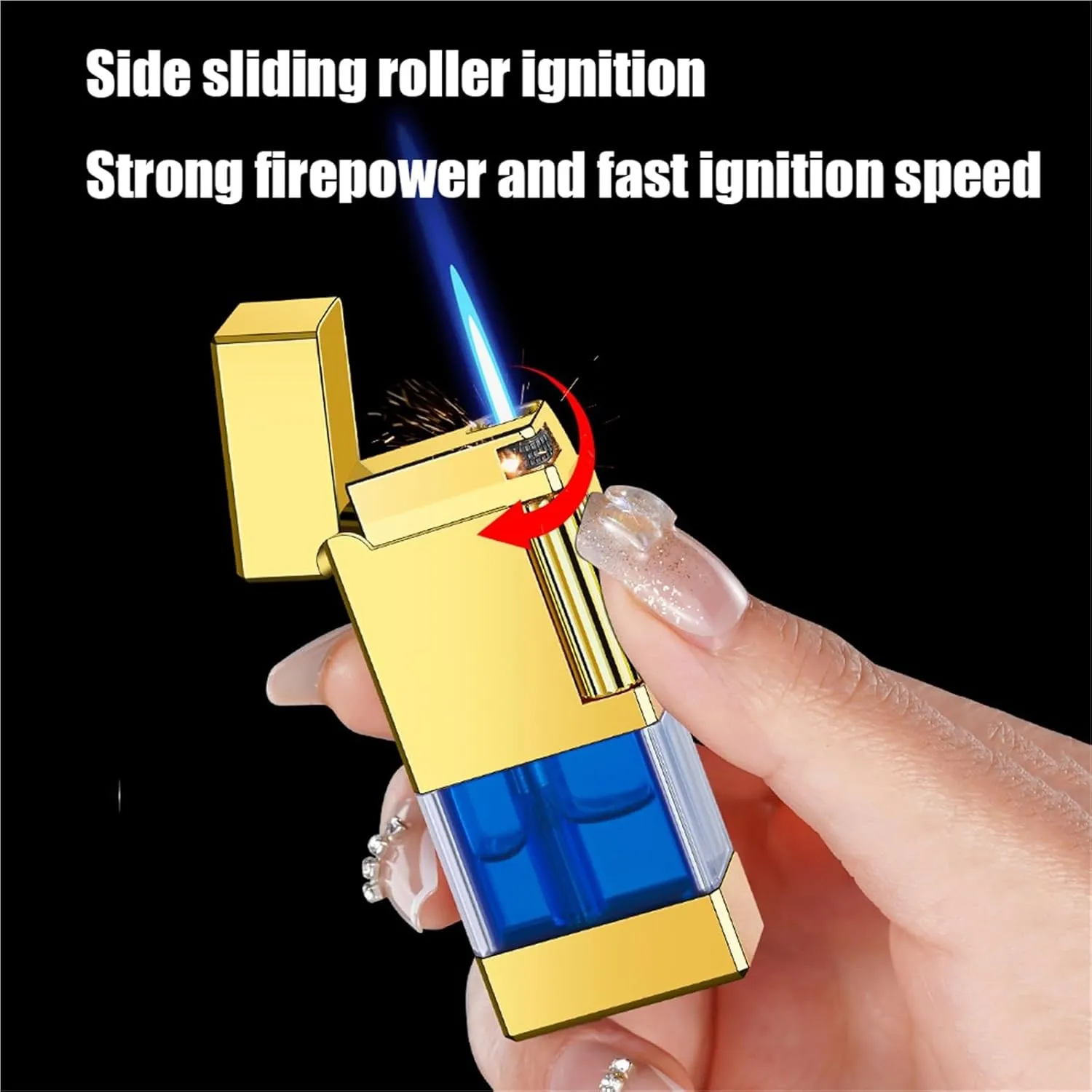 Retro Dual Flame Lighter, one Button Dual Flame Switch with Fuel Viewing Window, Side Slide Ignition, Windproof Lighter, Rechargeable Lighter, Suitable for Outdoor, Barbecue, Camping(B)