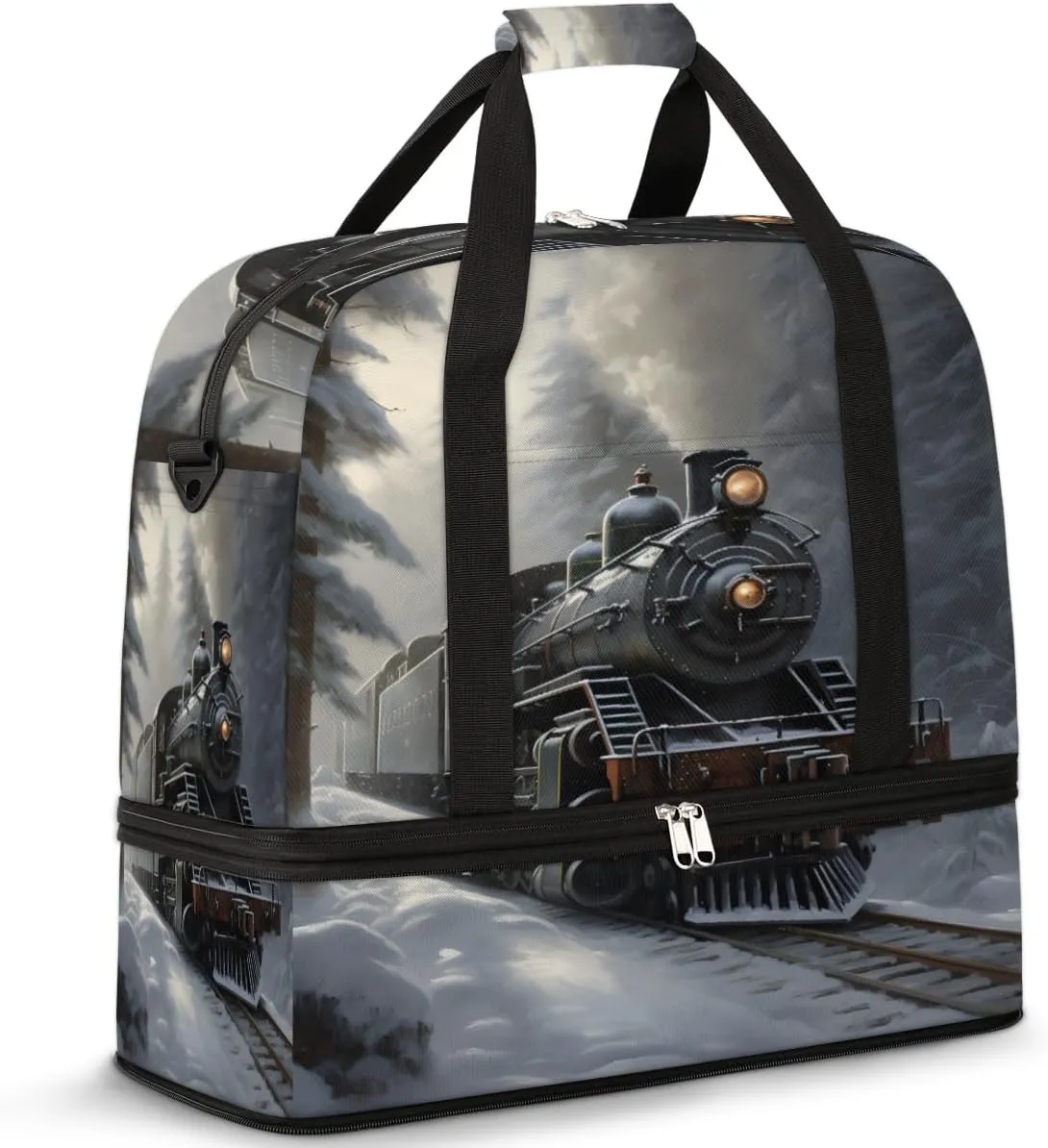 Retro Steam Trains Foldable Duffle Bag with Shoes Compartment Large Capacity Waterproof Travel Weekender Bag Overnight Bag for Sports Gym