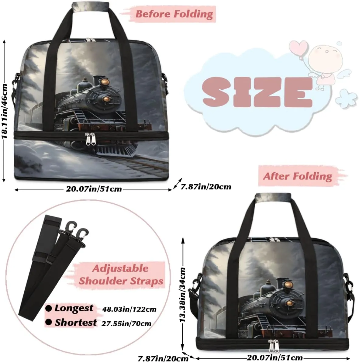 Retro Steam Trains Foldable Duffle Bag with Shoes Compartment Large Capacity Waterproof Travel Weekender Bag Overnight Bag for Sports Gym