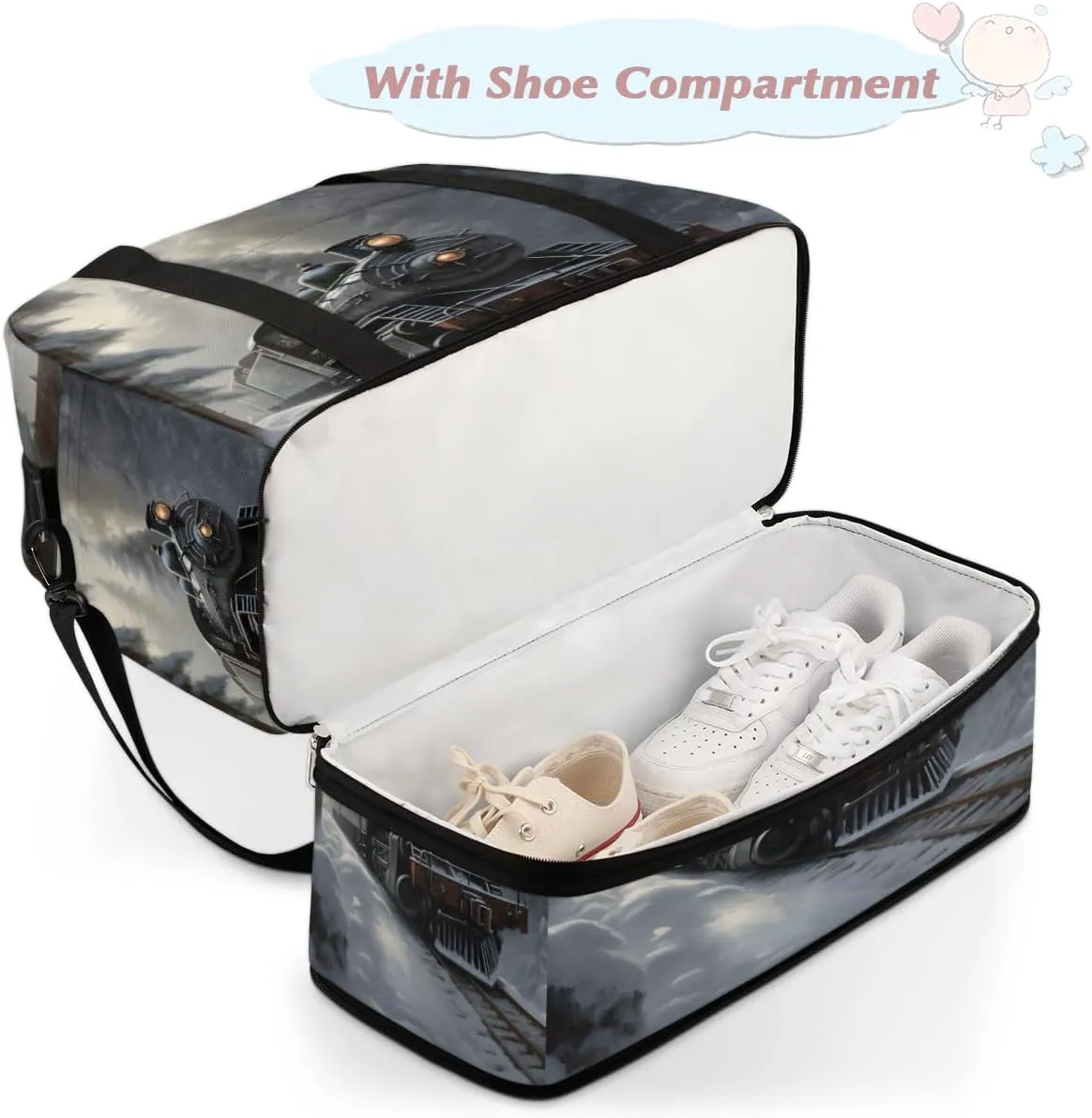 Retro Steam Trains Foldable Duffle Bag with Shoes Compartment Large Capacity Waterproof Travel Weekender Bag Overnight Bag for Sports Gym