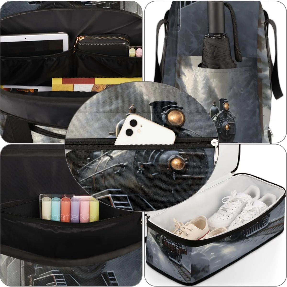 Retro Steam Trains Foldable Duffle Bag with Shoes Compartment Large Capacity Waterproof Travel Weekender Bag Overnight Bag for Sports Gym