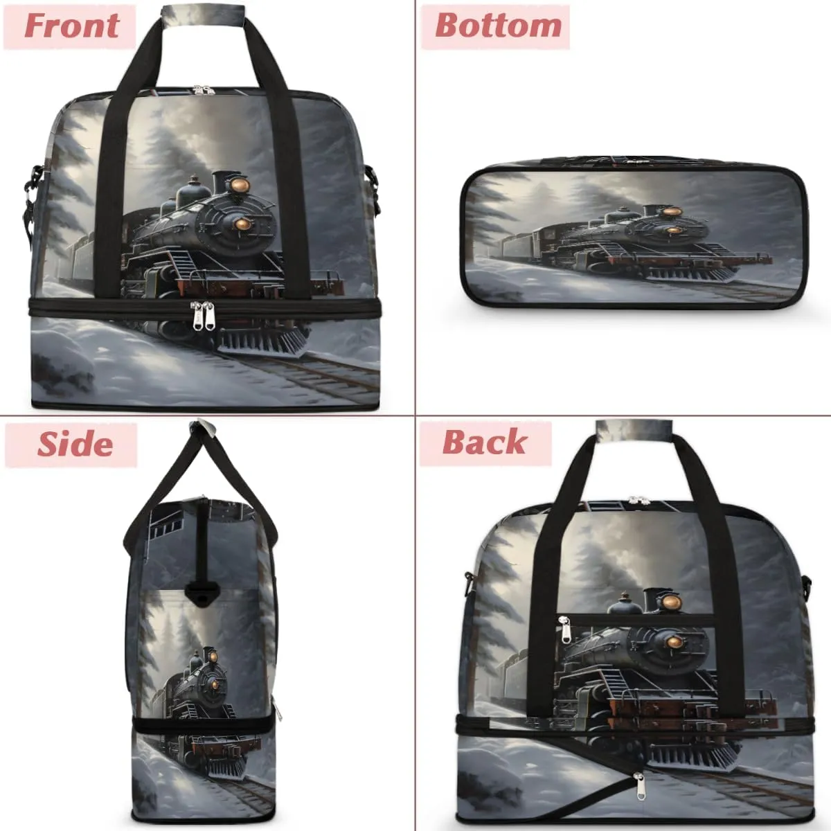 Retro Steam Trains Foldable Duffle Bag with Shoes Compartment Large Capacity Waterproof Travel Weekender Bag Overnight Bag for Sports Gym