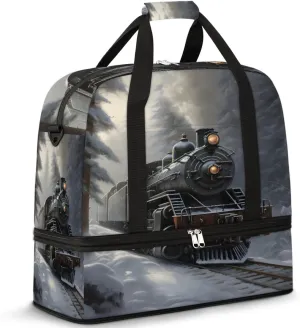 Retro Steam Trains Foldable Duffle Bag with Shoes Compartment Large Capacity Waterproof Travel Weekender Bag Overnight Bag for Sports Gym