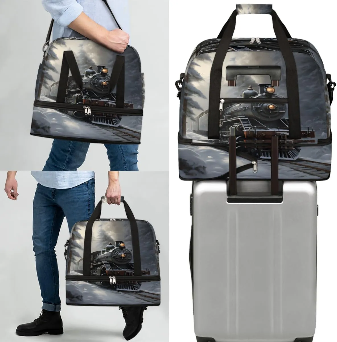 Retro Steam Trains Foldable Duffle Bag with Shoes Compartment Large Capacity Waterproof Travel Weekender Bag Overnight Bag for Sports Gym