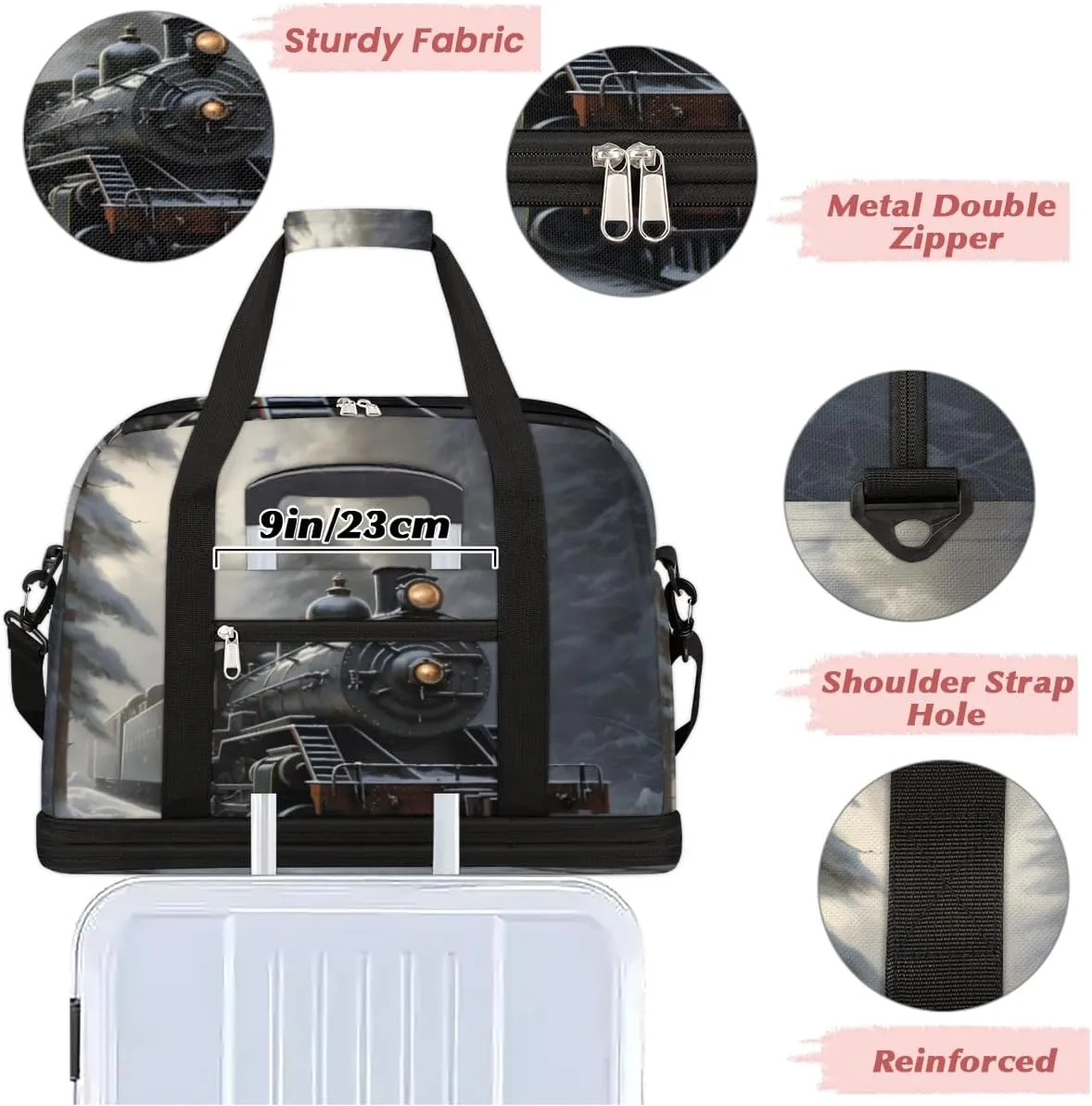 Retro Steam Trains Foldable Duffle Bag with Shoes Compartment Large Capacity Waterproof Travel Weekender Bag Overnight Bag for Sports Gym