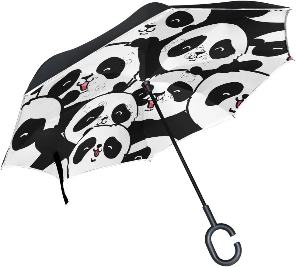 Reverse Inverted Inside Out Umbrella Cars Cute Panda Unigue Windproof UV Proof Double Layer for Women