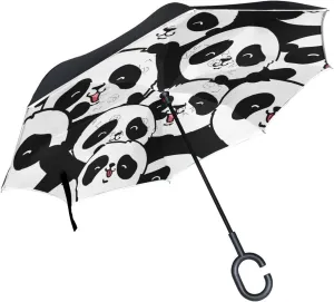Reverse Inverted Inside Out Umbrella Cars Cute Panda Unigue Windproof UV Proof Double Layer for Women