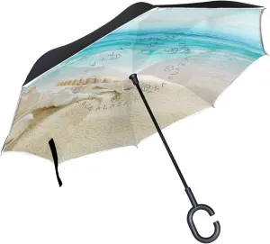 Reverse Inverted Inside Out Umbrella Cars Nature Sea Shells White Sand Unigue Windproof UV Proof Double Layer for Women