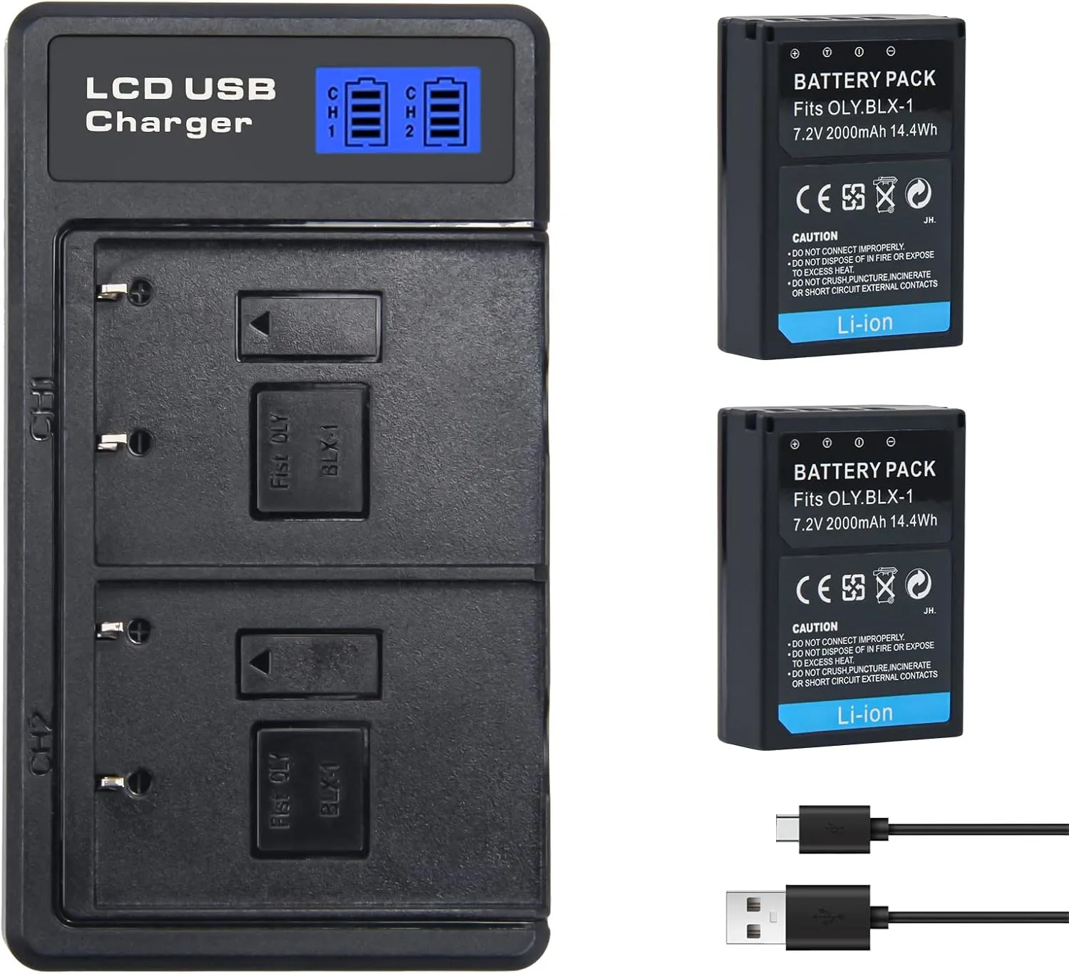 REYTRIC Upgrade 2-Pack BLX-1 Batteries Compatible with Olympus OM System OM-1 OM1, 2000mAh 7.2Volts, Dual Battery Charger with LCD Display, 8.4V/0.5A*2 Output, 5V/2.1A Input