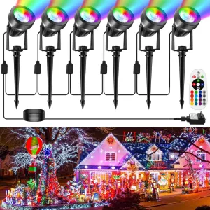 RGBW Color Changing Landscape Lighting,12V Low Voltage Landscape Lights Spotlights with Transformer Remote Control Decorative for Garden, Yard, Lawn, Pool, 44ft Cable(6-in-1)