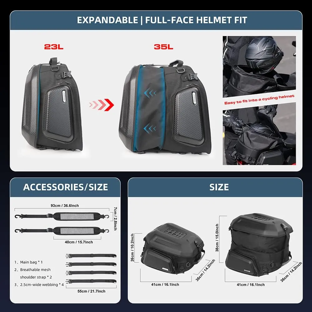 Rhinowalk Motorcycle Travel Luggage, Expandable motorcycle tail bag 35L,Waterproof All Weather/Trunk/Rack Bag with Sissy Bar Straps-Carbon Black