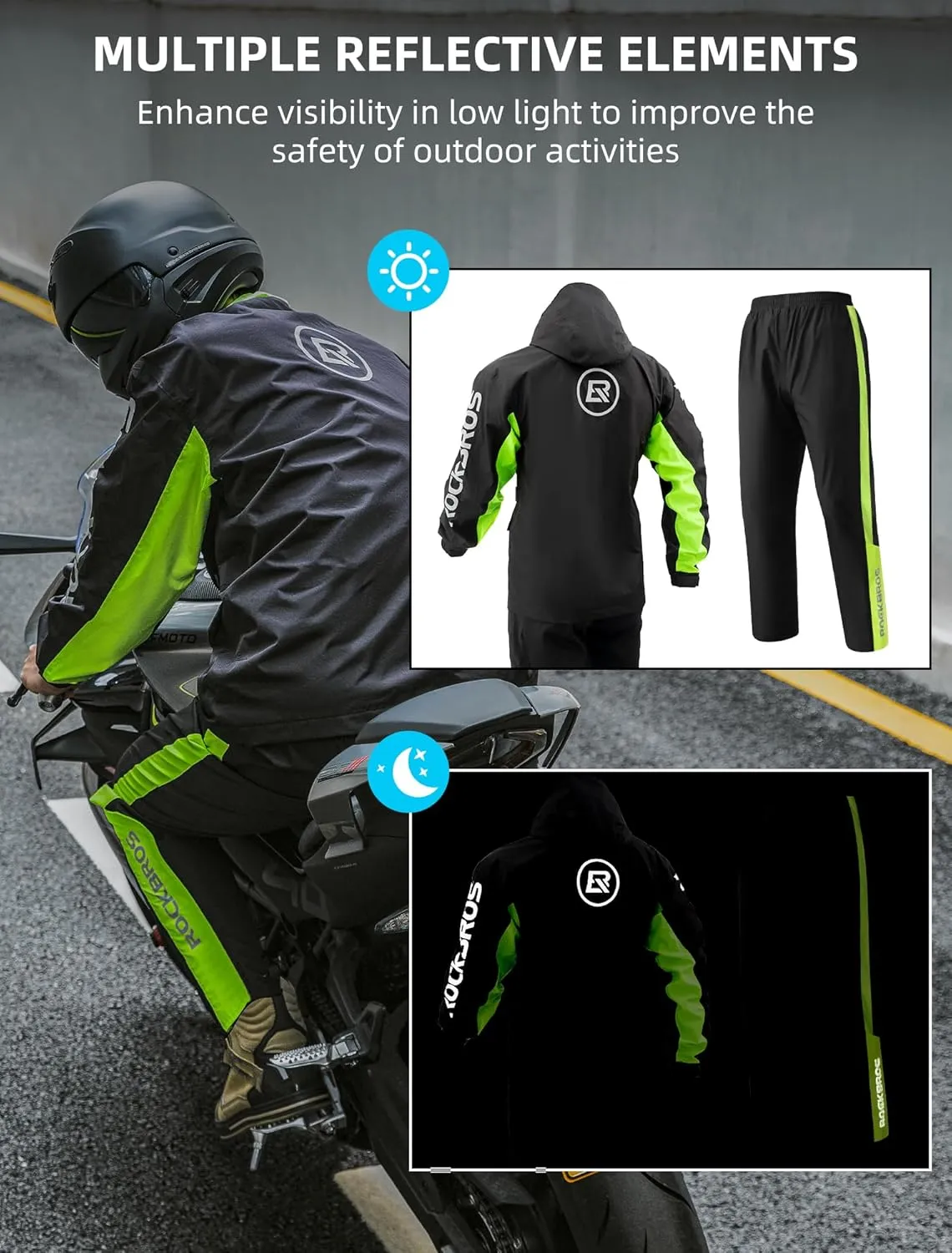 ROCKBROS Cycling Rain Suit for Men Motorcycle Rain Jacket with Pants Windbreaker for All Sports Motorcycle Rain Gear