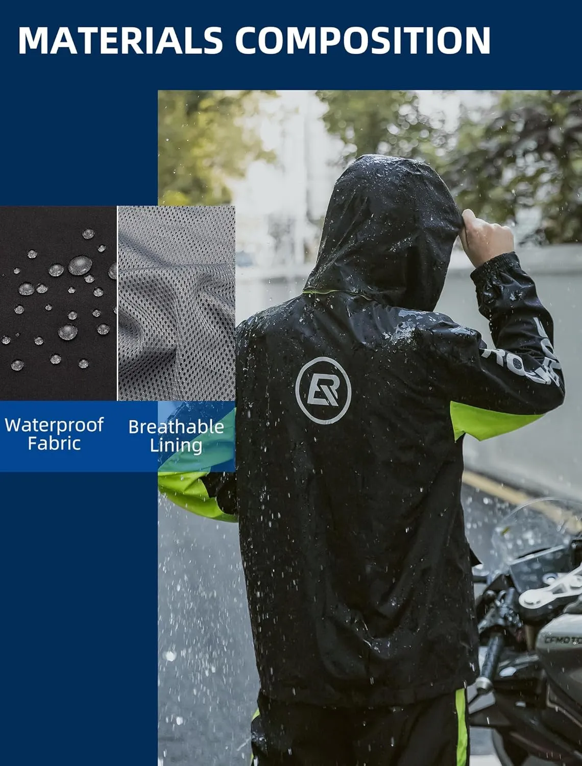 ROCKBROS Cycling Rain Suit for Men Motorcycle Rain Jacket with Pants Windbreaker for All Sports Motorcycle Rain Gear