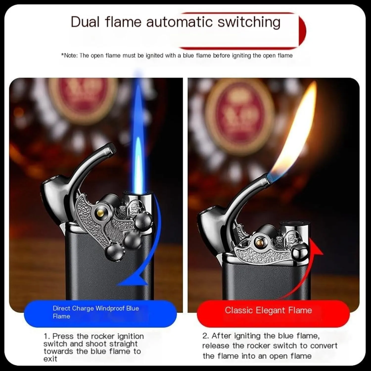 Rocker arm inflatable lighter, dual flame open flame straight flame lighter, butane inflatable lighter, windproof portable metal lighter, candle lighter, camping lighter best boyfriend gift ( Color :