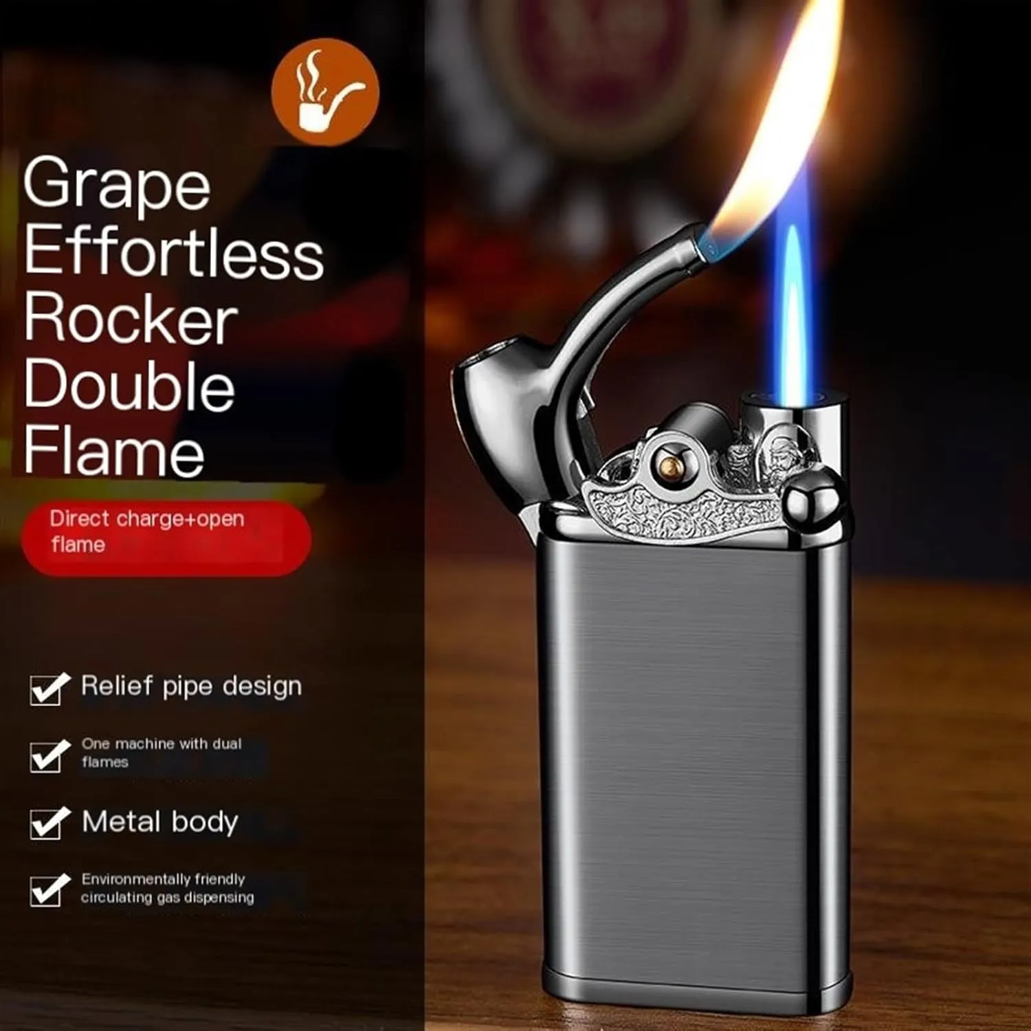 Rocker arm inflatable lighter, dual flame open flame straight flame lighter, butane inflatable lighter, windproof portable metal lighter, candle lighter, camping lighter best boyfriend gift ( Color :
