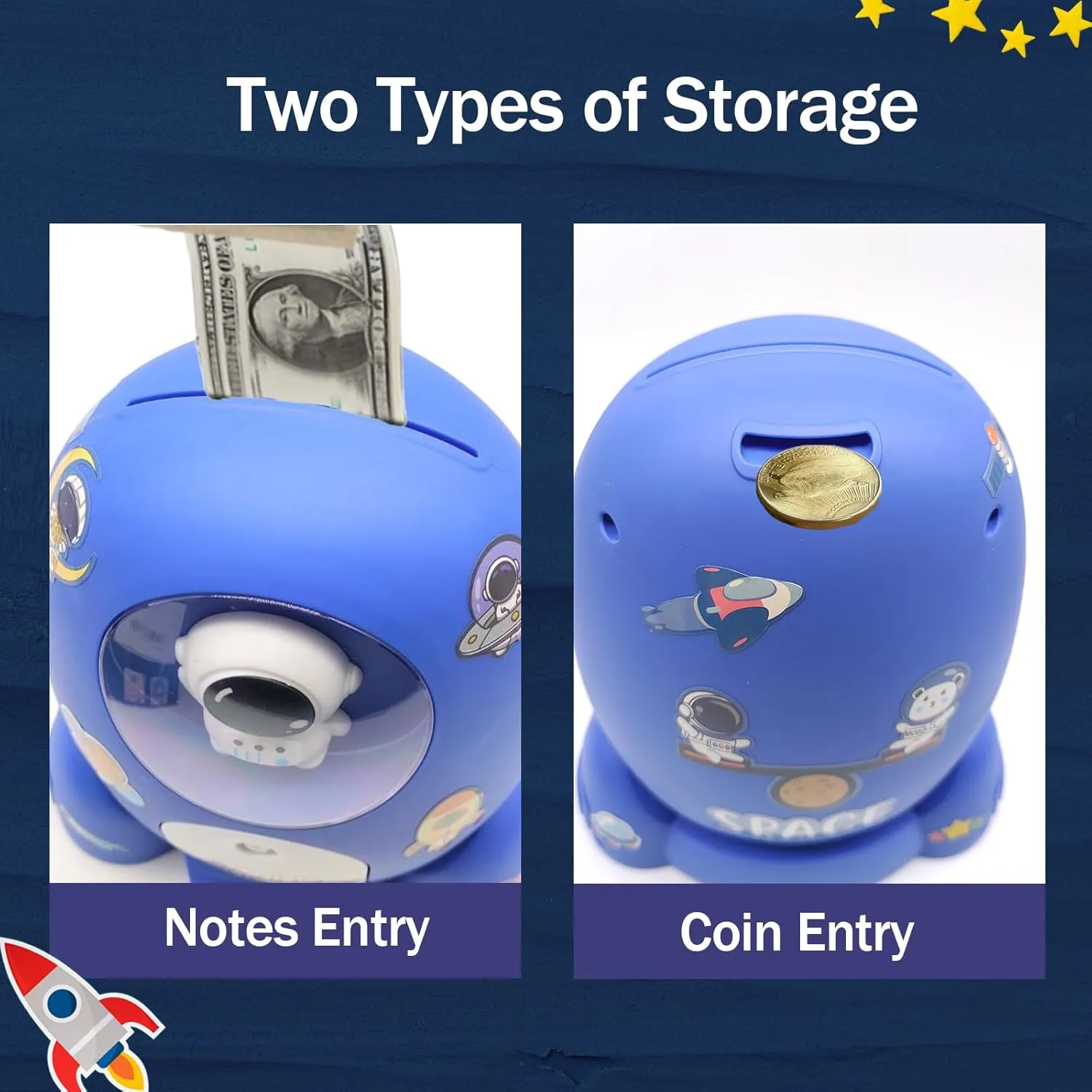 Rocket Ship Piggy Bank for Boys Money Safe Astronaut Piggy Banks for Kids Cash Coin Can ATM Bank Coin Money Bank for Kids with Key Astronaut Sticker Practical Gifts for Children Boys and Girls (Blue)