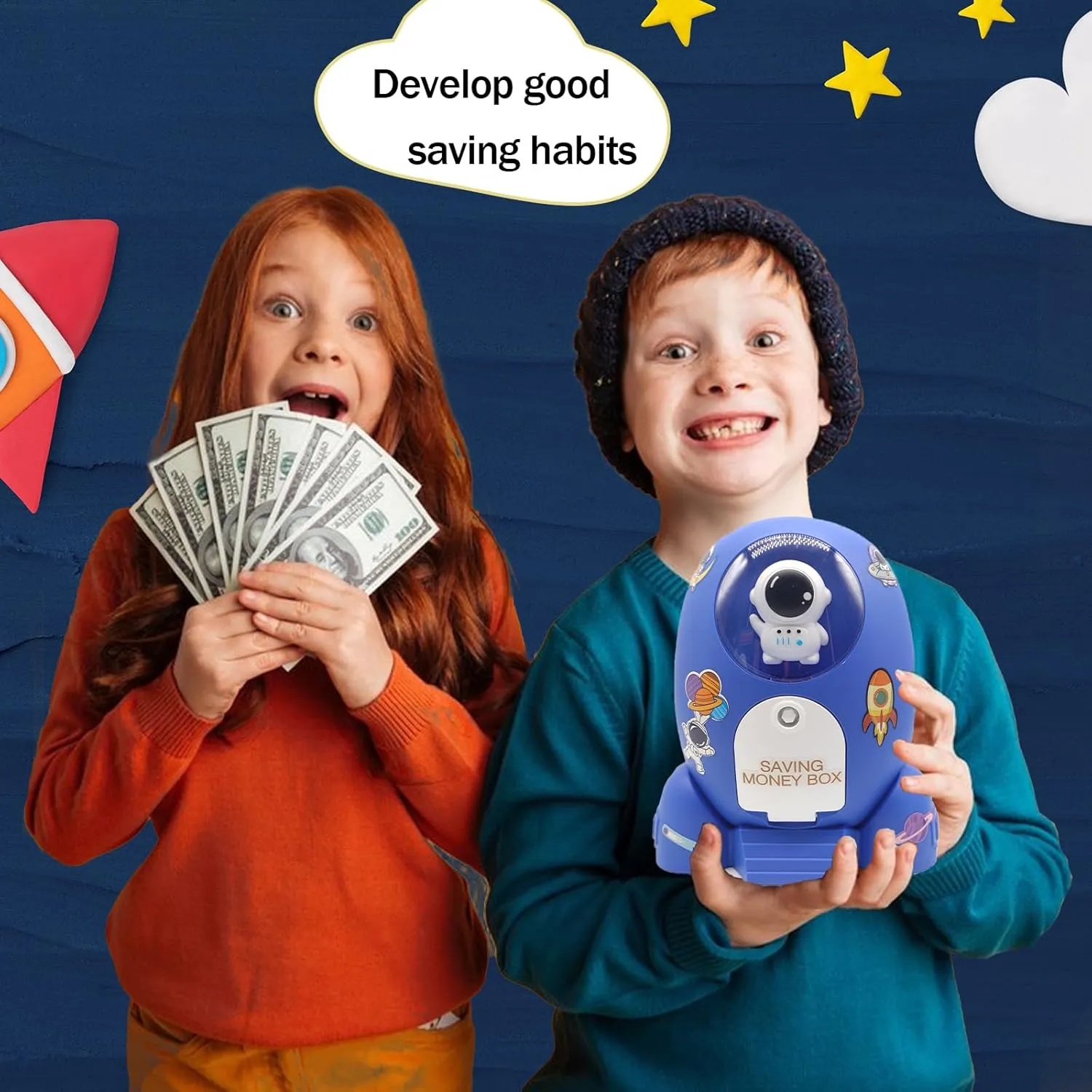 Rocket Ship Piggy Bank for Boys Money Safe Astronaut Piggy Banks for Kids Cash Coin Can ATM Bank Coin Money Bank for Kids with Key Astronaut Sticker Practical Gifts for Children Boys and Girls (Blue)