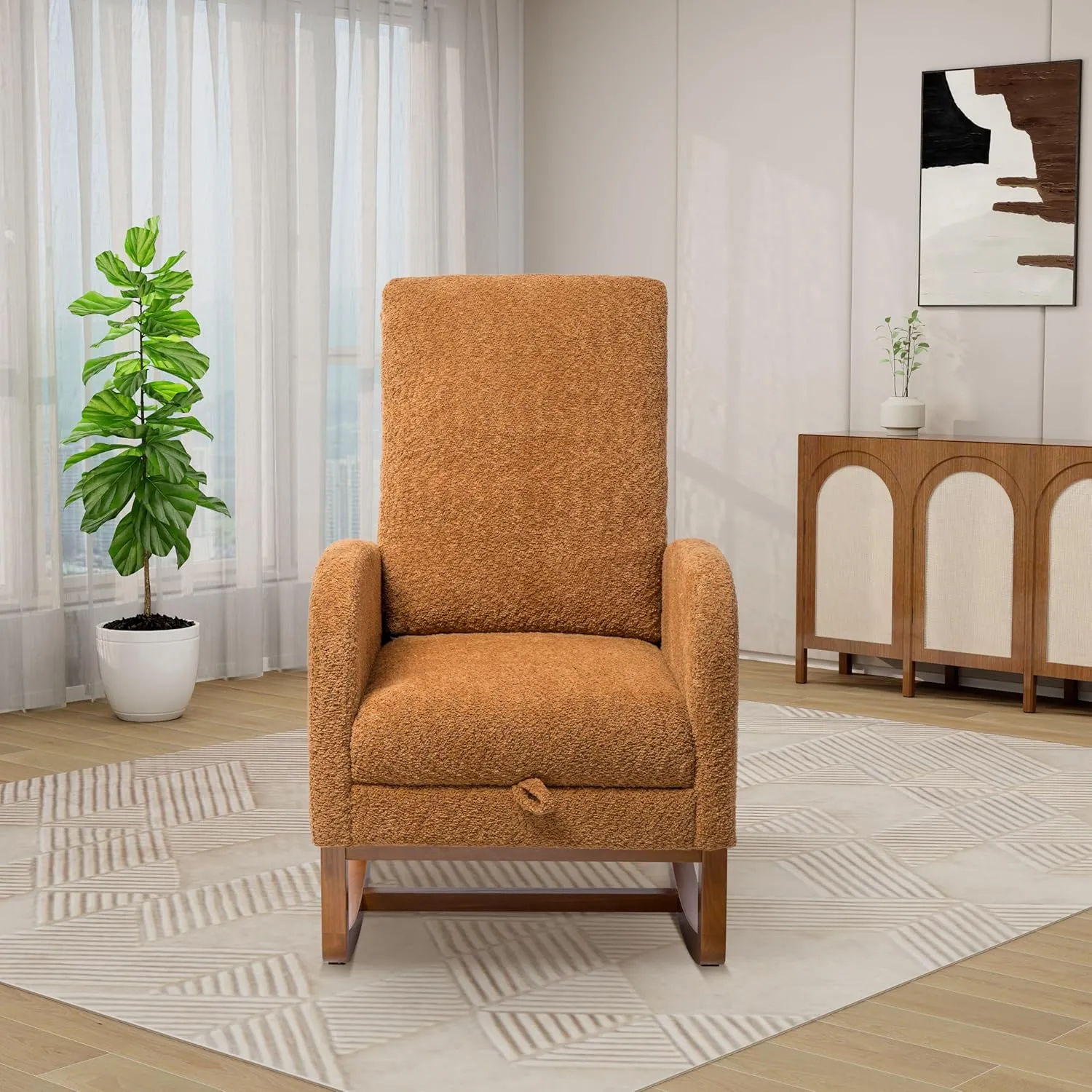 Rocking Chair Nursery, High Back Glider Chair with Retractable Foot Rest, Side Pocket, Rocking Accent Armchair with Rubber Wood Legs, for Indoor Living Room Bedroom.Caramel