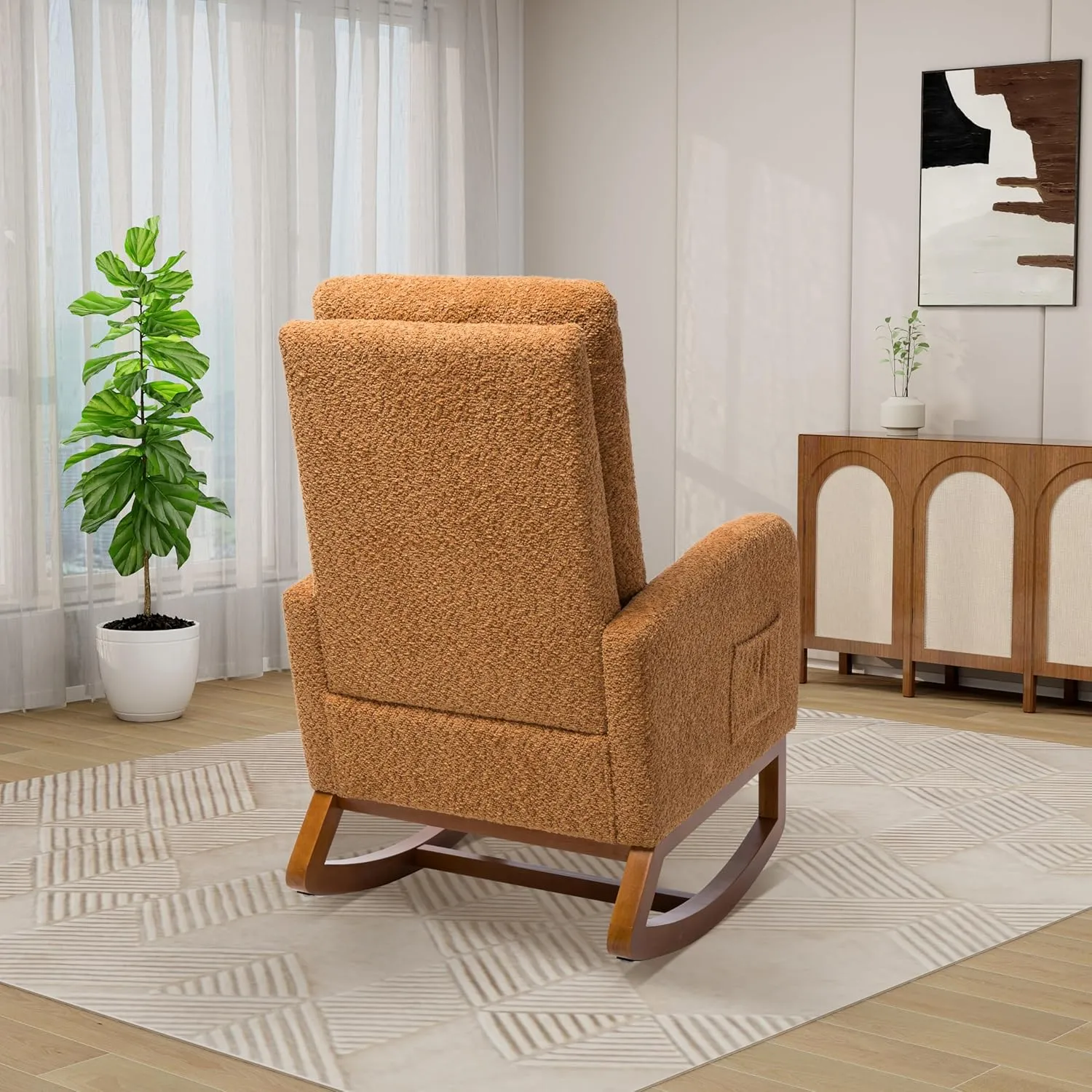 Rocking Chair Nursery, High Back Glider Chair with Retractable Foot Rest, Side Pocket, Rocking Accent Armchair with Rubber Wood Legs, for Indoor Living Room Bedroom.Caramel