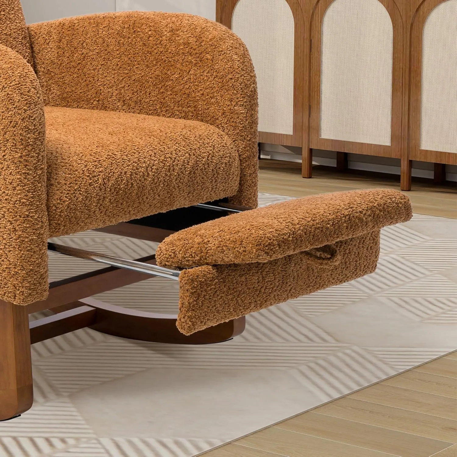 Rocking Chair Nursery, High Back Glider Chair with Retractable Foot Rest, Side Pocket, Rocking Accent Armchair with Rubber Wood Legs, for Indoor Living Room Bedroom.Caramel