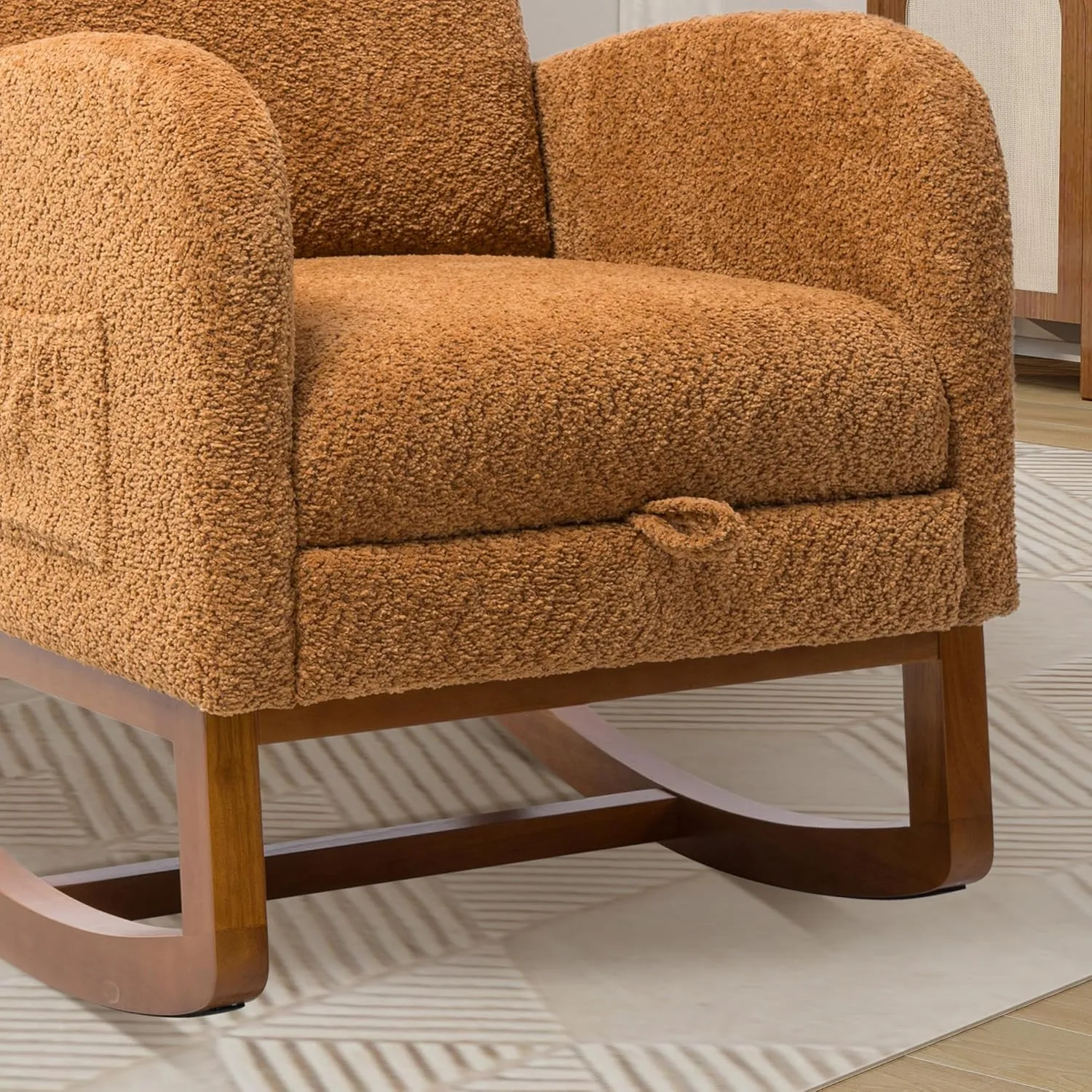 Rocking Chair Nursery, High Back Glider Chair with Retractable Foot Rest, Side Pocket, Rocking Accent Armchair with Rubber Wood Legs, for Indoor Living Room Bedroom.Caramel